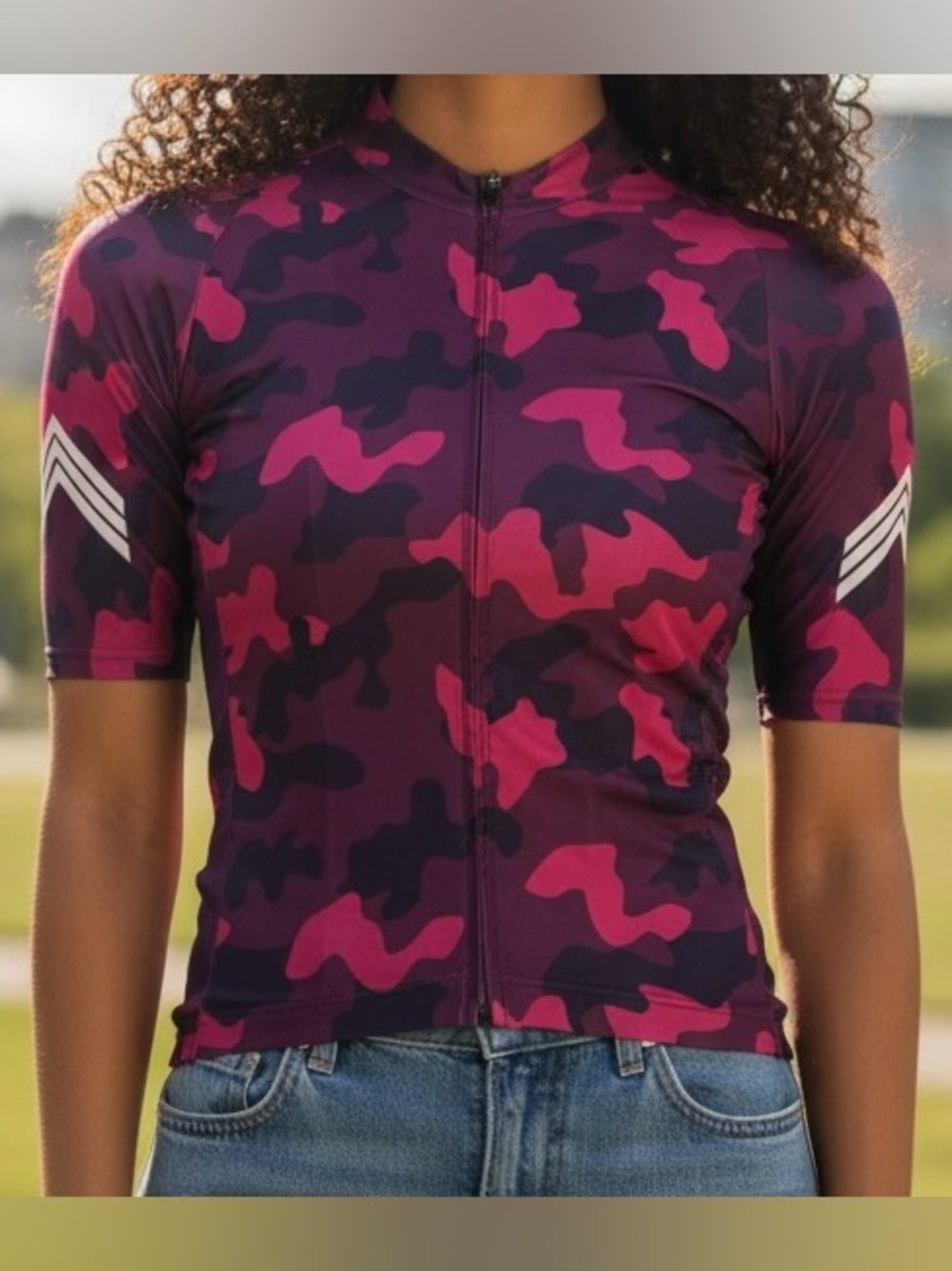 Black Sheep Unisex Cycling Full Zip Front Top In Pink Camo Print Sz.WM/ MXS